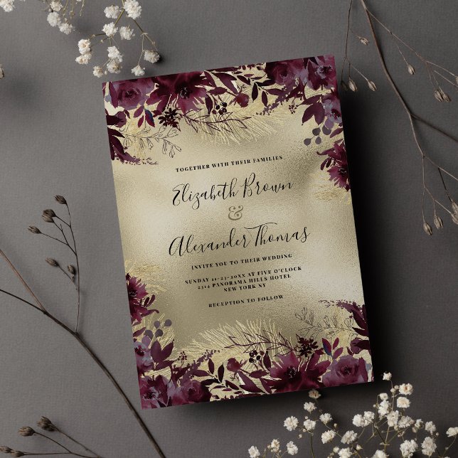 Blommigten bröllop i guld vid  glitter inbjudningar (Luxury burgundy gold glitter floral wedding invitation )