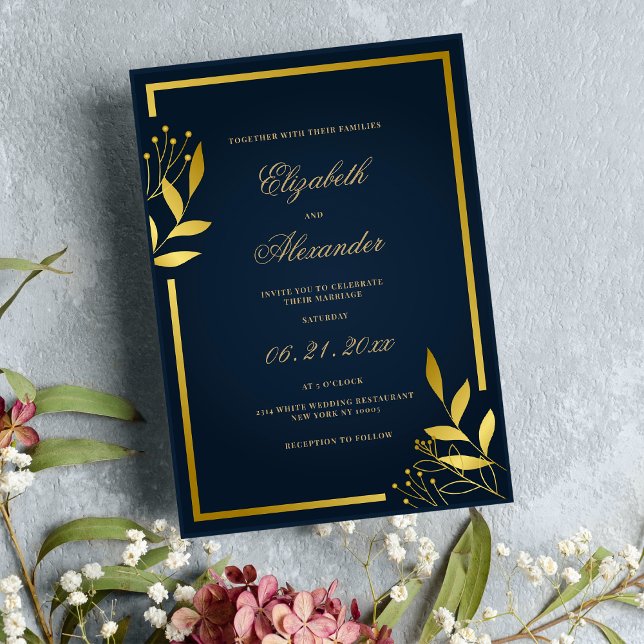 Blommigten bröllop i lyxflottan (blått guld) inbjudningar (Luxury navy blue gold foliage floral wedding )