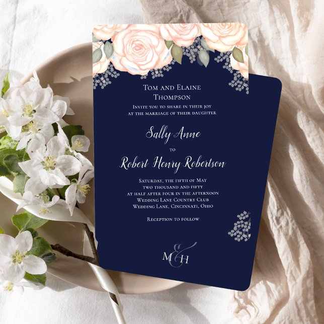  Blommigten Bröllop i marin blå vattenfärg Inbjudningar (Navy blue wedding invitation with blush pink floral design.)