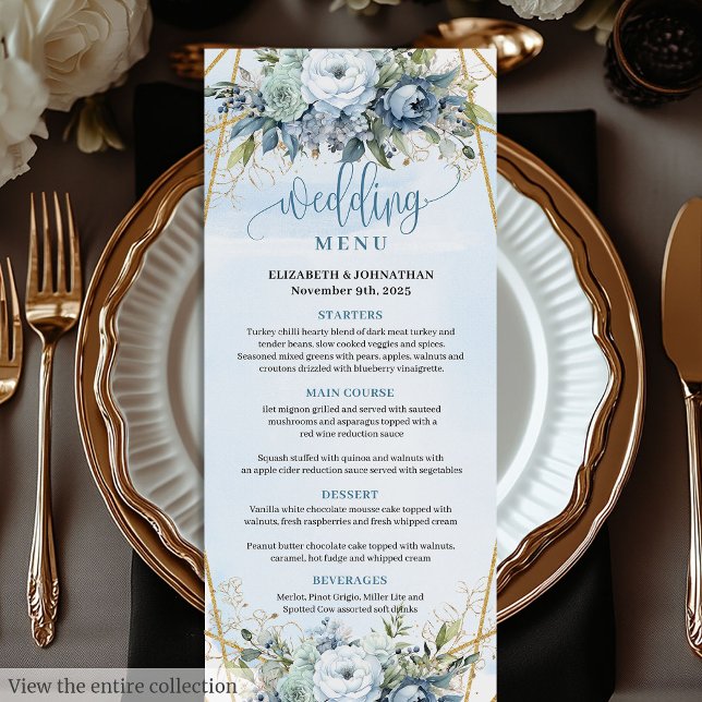 Blommigten Bröllop i Ramen i  Clean Dusty Blue Gul Meny (Clean Dusty Blue Gold Frame Floral Wedding Menu)