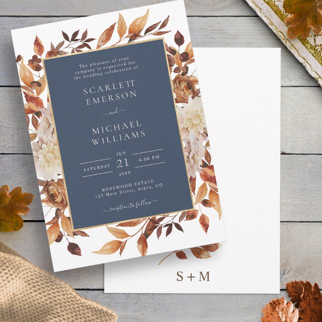 Blommigten Bröllop Inbjudningar (Navy Blue White Terracotta Fall Watercolor Floral Wedding Invitation by Painted Paperie
)