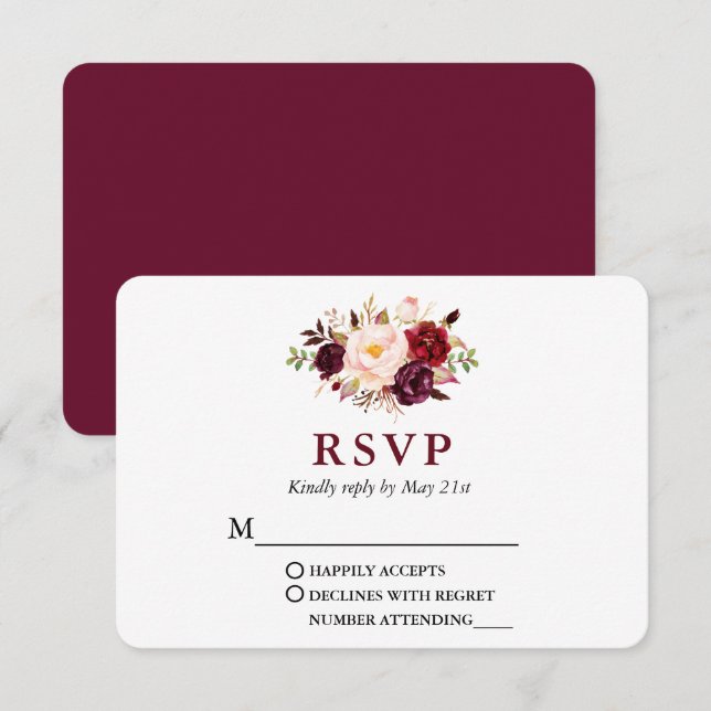 Blommigten Bröllop Modern Elegant Burgundy OSA Kort (Fram/baksida)