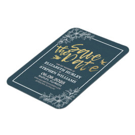 Blommigten Bröllop spara datum Chic Blue Guld Magnet