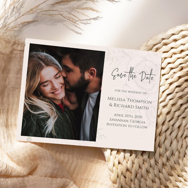  Blommigten bröllop spara datum Datumet (Elegant floral photo save the date card with stylish calligraphy script. )