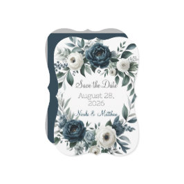 Blommigten Bröllop spara datum vid marinblått och 