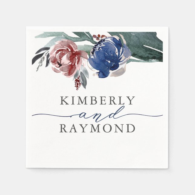 Blommigten Bröllop vid marinblå och burgundisk Ele Pappersservett (Framsidan)