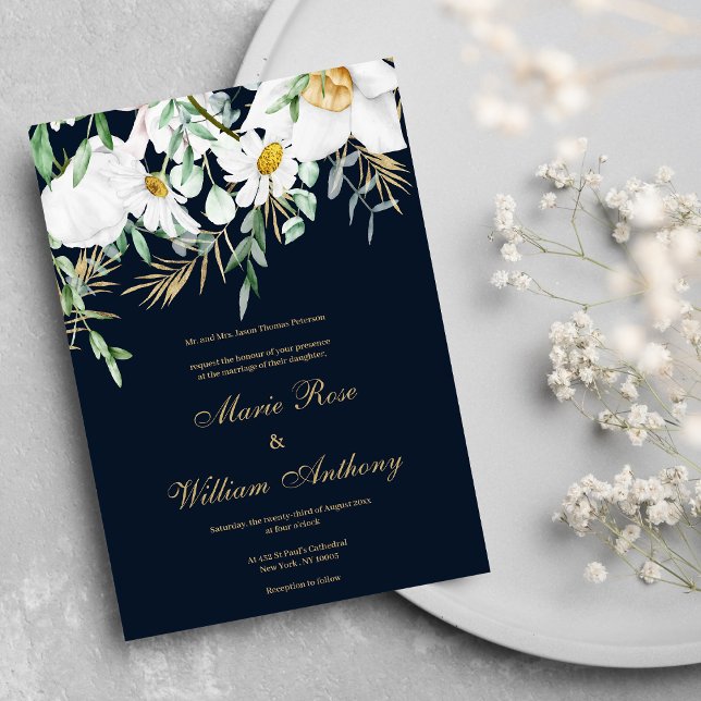 Blommigten Bröllop vid marinblått mint, vita guld  Inbjudningar (Navy blue mint white gold daisies floral Wedding Invitation )