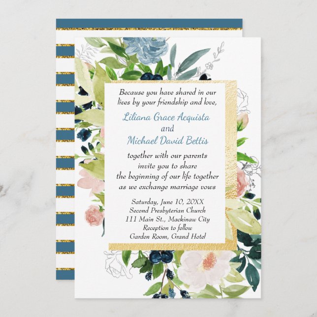 Blommigten Bröllop vid marinpersikor och Guld Inbjudningar (Fram/baksida)