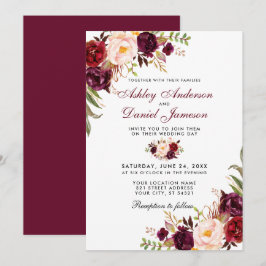Blommigten Bröllop Watercolor Burgundy Inbjudningar