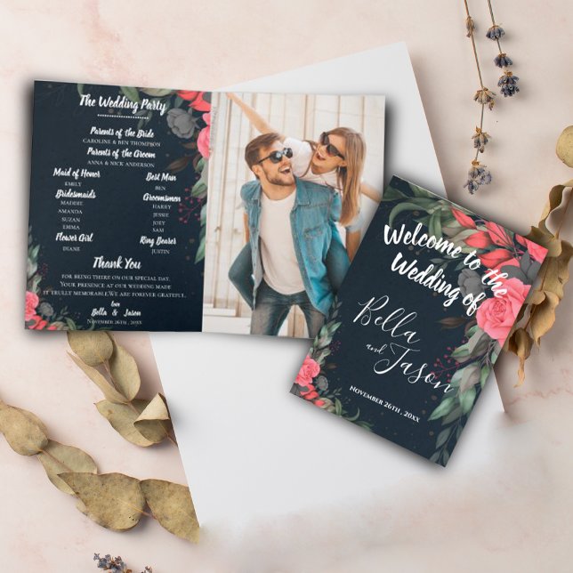 Blommigten bröllopsprogram Elegant Peach Orange Program (Wedding Program Elegant Peach Orange Floral wedding )