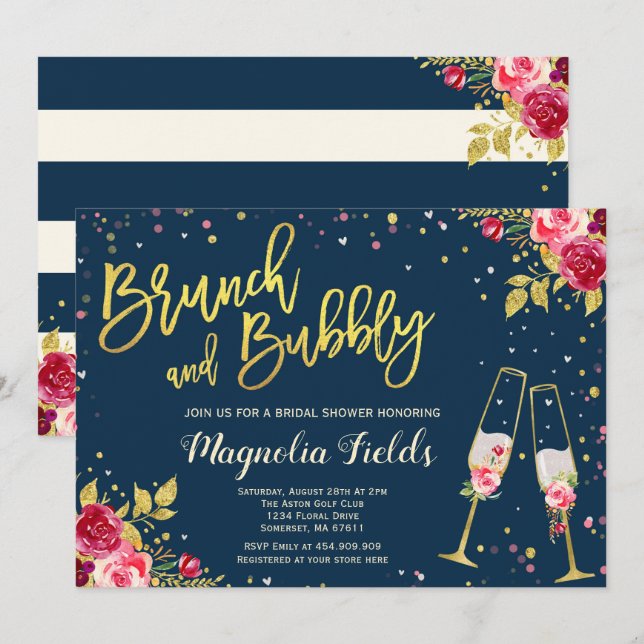 Blommigten Brunch och Bubly Inbjudningskort för mö (Fram/baksida)