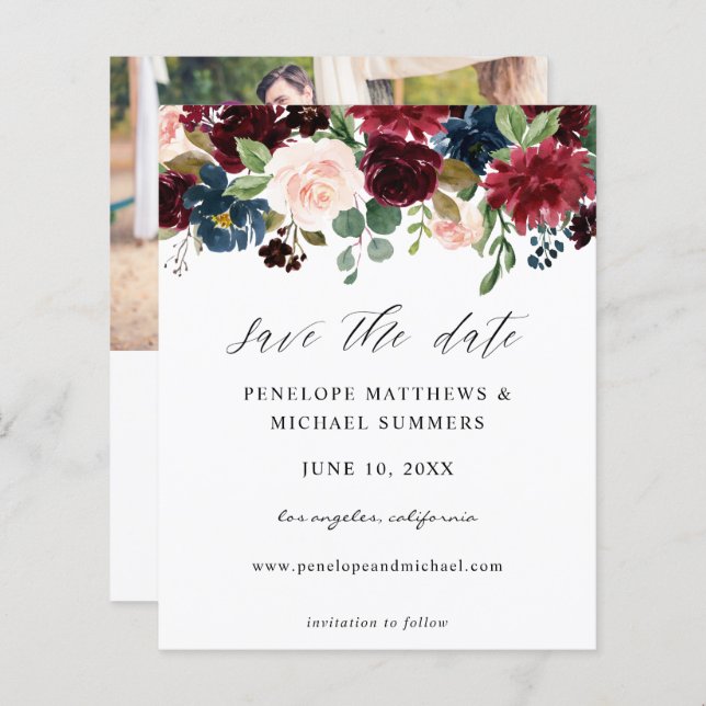 Blommigten Budget Burgundy & Rosa Spara datumfoto (Fram/baksida)