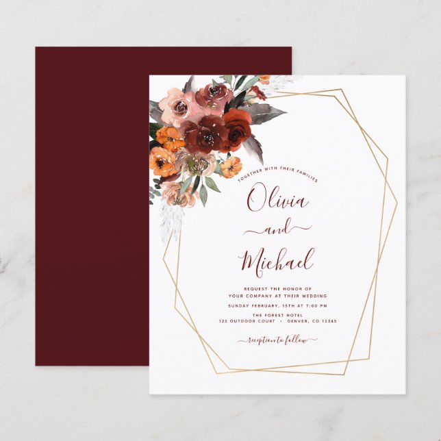 Blommigten Budget Fall Wedding Burgundy Guld (Fram/baksida)