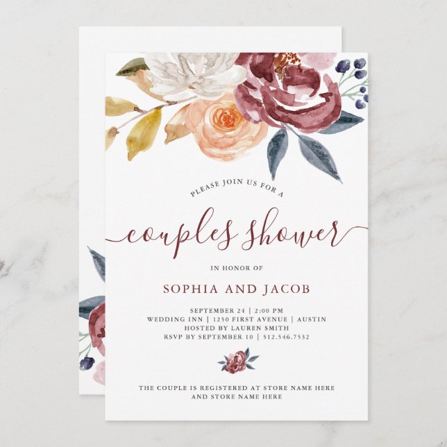 Blommigten Burgundi vattenfärg| Par dusch Inbjudningar (Fram/baksida)