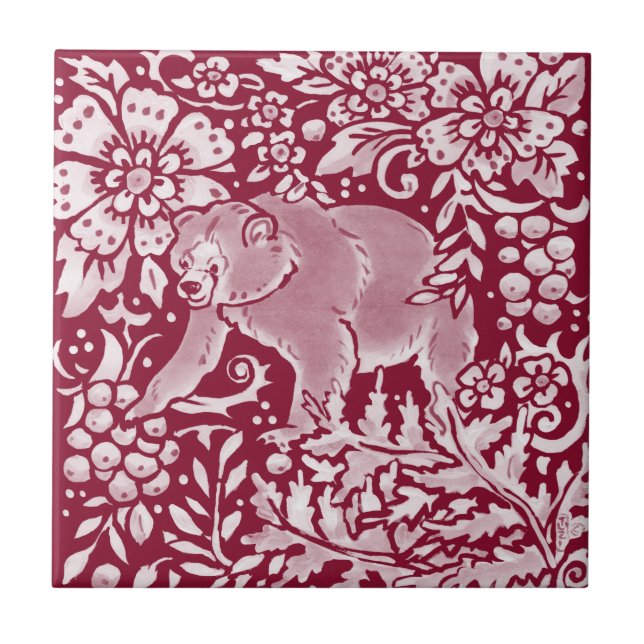 Blommigten Burgundy Bear Woodland Forest Animal  Kakelplatta (Framsidan)