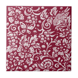 Blommigten Burgundy Bird Butterfly Snigel Berry Fo Kakelplatta