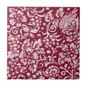 Blommigten Burgundy Bird Butterfly Snigel Berry Fo Kakelplatta