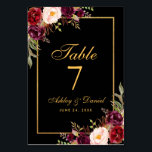 Blommigten Burgundy Black Guld Bröllop Bordsnummer<br><div class="desc">Guld-färgkort för Burgundy Black och Blommigt Bröllop Bord</div>