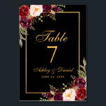 Blommigten Burgundy Black Guld Bröllop Bordsnummer<br><div class="desc">Guld-färgkort för Burgundy Black och Blommigt Bröllop Bord</div>