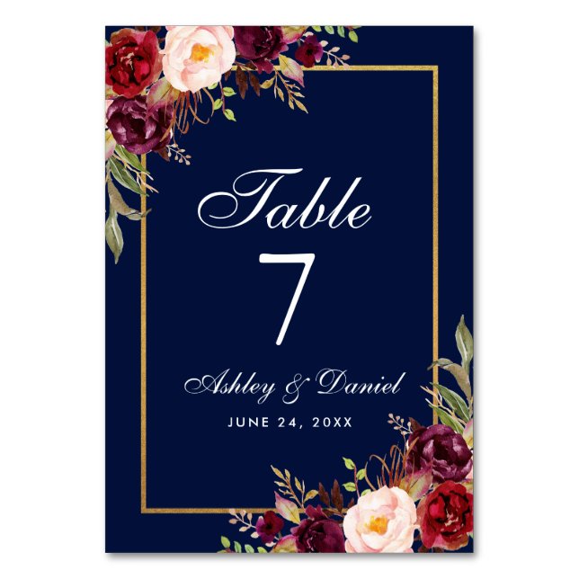 Blommigten Burgundy Blue Guld Bröllop Bordsnummer (Framsidan)