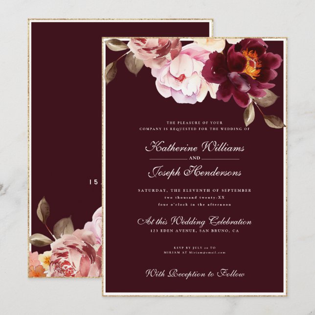 Blommigten Burgundy Bouquet Romantik Bröllop Inbjudningar (Fram/baksida)