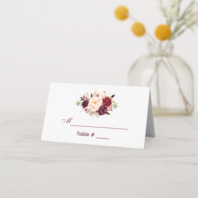 Blommigten Burgundy Bröllop Placeringskort (Framsida)