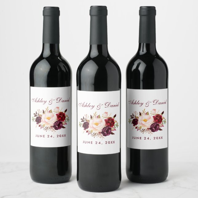 Blommigten Burgundy Bröllop Vinflaska Etikett (Flaskor)