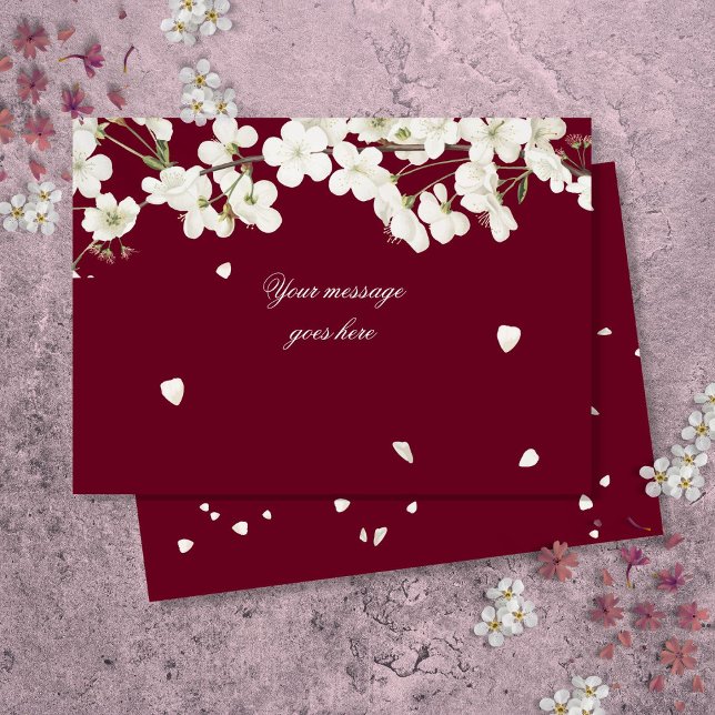 Blommigten Burgundy för vit Blommar med enkel Eleg Tack Kort (Simple Elegant White Blossom Floral Burgundy Thank You Card)