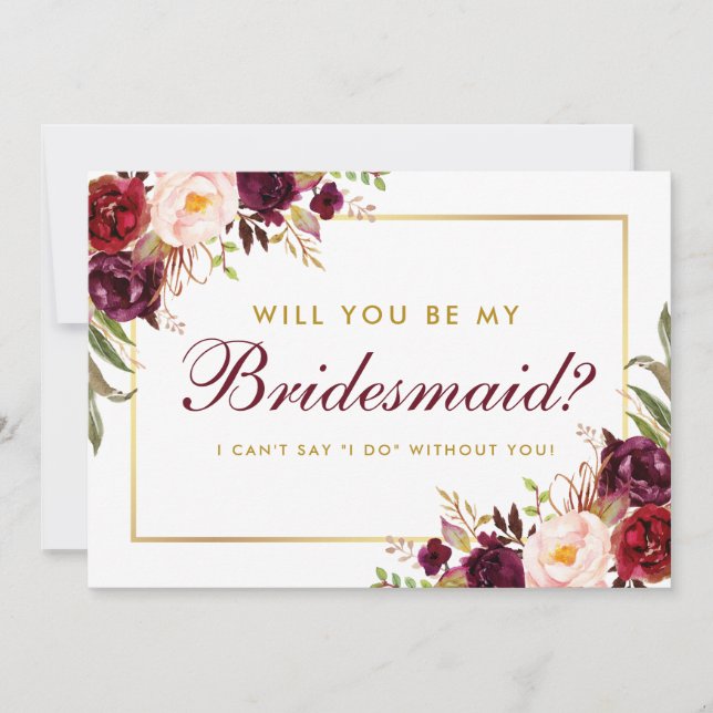Blommigten Burgundy Guld Bridesmaid B Inbjudningar (Framsida)
