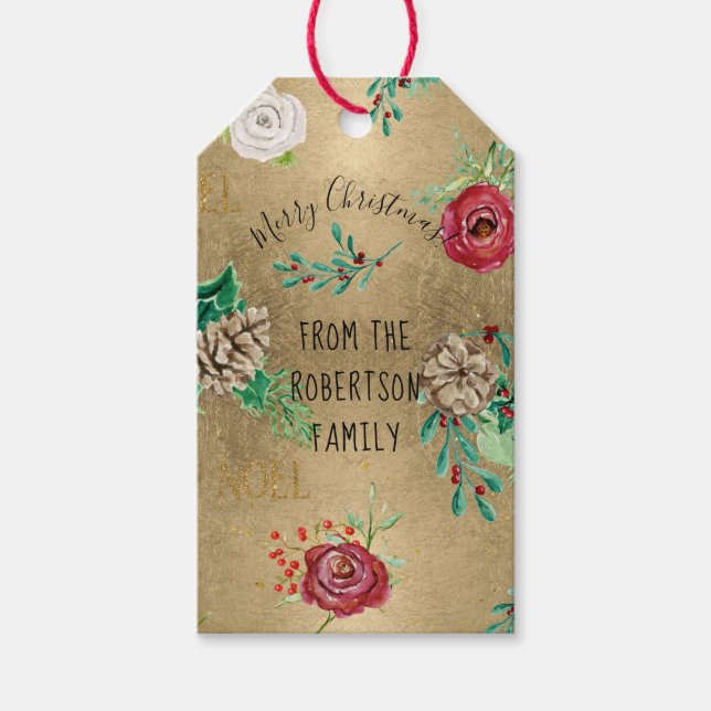 Blommigten Burgundy guld- med julfärg Presentetikett (Framsidan)