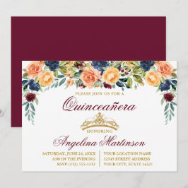Blommigten Burgundy Guld Quinceanera Party Inbjudningar