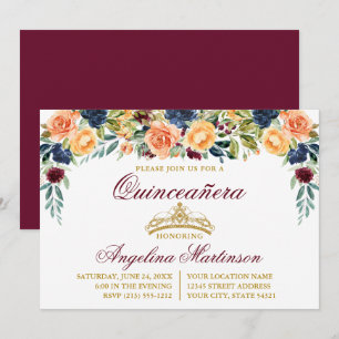 Blommigten Burgundy Guld Quinceanera Party Inbjudningar