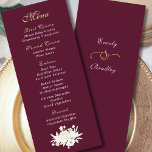 Blommigten Burgundy Guld White Script Elegant Program<br><div class="desc">Den här burgundmenyn med guld och vitt skript är helt enkelt elegant. En blommigt i en bukett är placerad grund på menyn. Parets namn är på baksidan med en guld-ampersand. Perfekt för alla tillfälle.. kan all fält anpassas för din lunch eller middag. Namn på baksidan för bröllop och årsdagar</div>