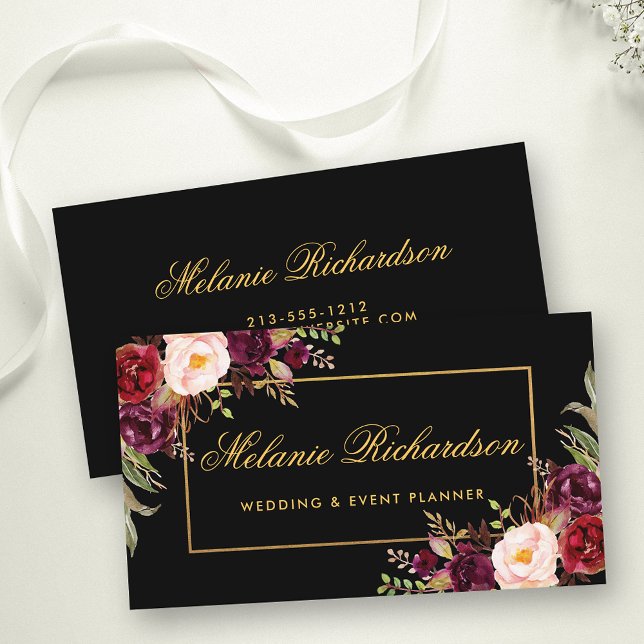 Blommigten Burgundy Marsala Guld Black Visitkort (Customize to change text size, color or text style.)