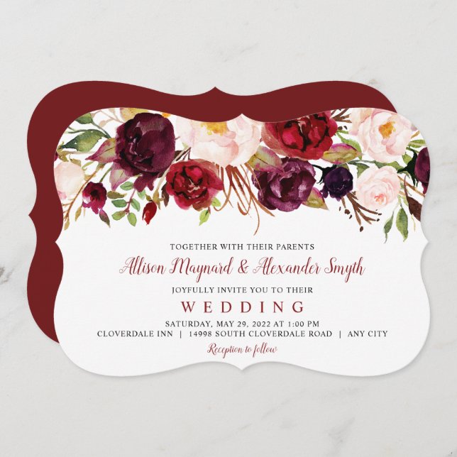 Blommigten Burgundy och  Blooms vattenfärgsfärg Inbjudningar (Fram/baksida)