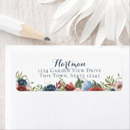 Blommigten Burgundy och Blue Watercolor Returadress Etikett