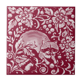 Blommigten Burgundy Raccoon Woodland Forest Animal Kakelplatta