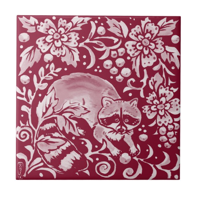 Blommigten Burgundy Raccoon Woodland Forest Animal Kakelplatta (Framsidan)