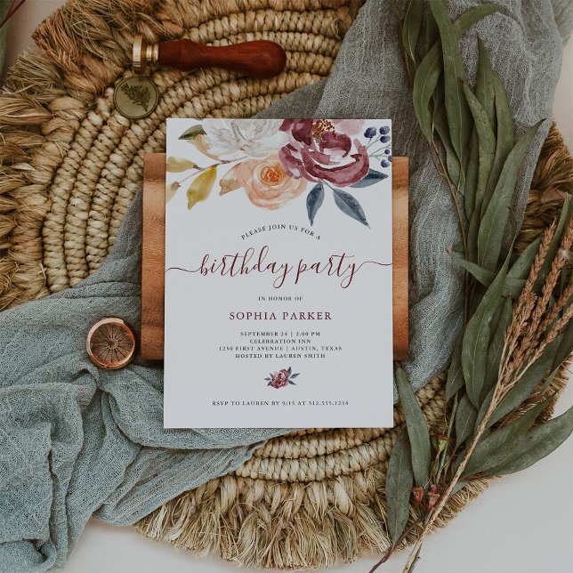 Blommigten Burgundy Watercolor | FÖDELSEDAGSFEST Inbjudningar (Skapare uppladdad)