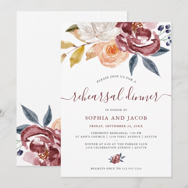 Blommigten Burgundy Watercolor | Rehearsal Dinner Inbjudningar (Fram/baksida)