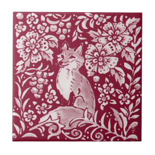 Blommigten Burgundy Woodland Fox Forest Animal Kakelplatta