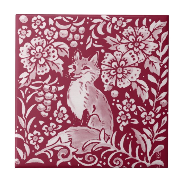 Blommigten Burgundy Woodland Fox Forest Animal Kakelplatta (Framsidan)