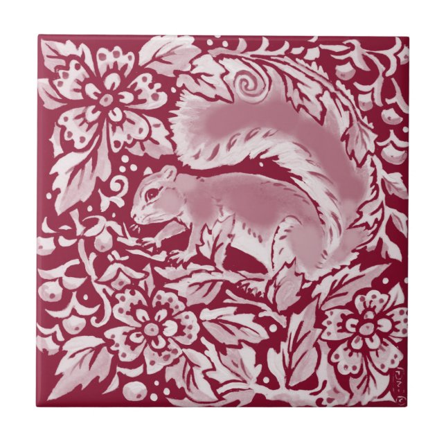 Blommigten Burgundy Woodland Squirrel Forest Anima Kakelplatta (Framsidan)