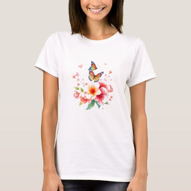 Blommigten Butterflies med stor vattenfärg T Shirt (Framsida)