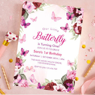 Blommigten Butterflies Party 1:a födelsedagen Chic Inbjudningar