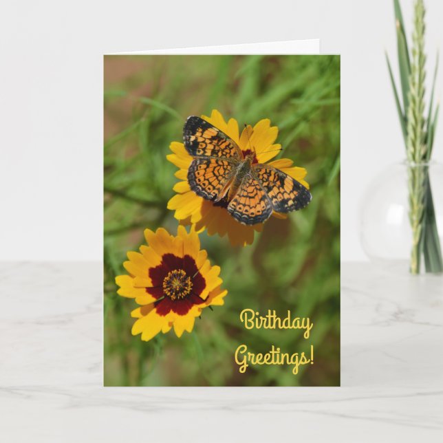 Blommigten Butterfly och Wildblommor, födelsedagsk Kort (Framsida)