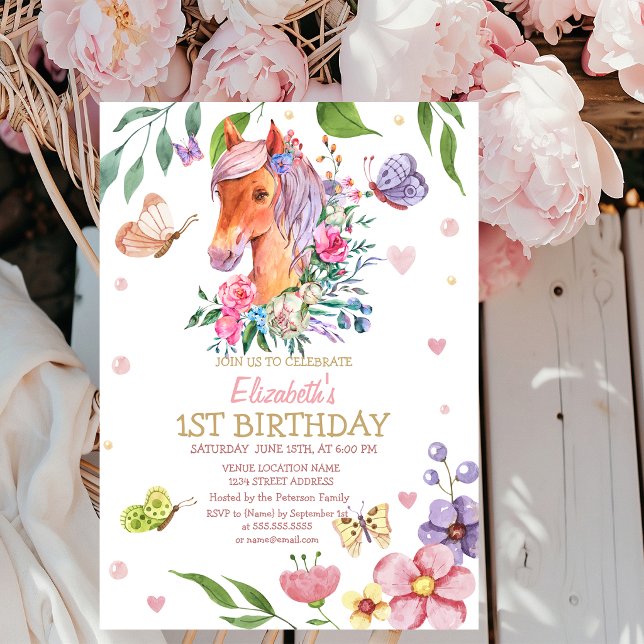 Blommigten Butterfly Pony Rand Birthday Inbjudningar (Skapare uppladdad)
