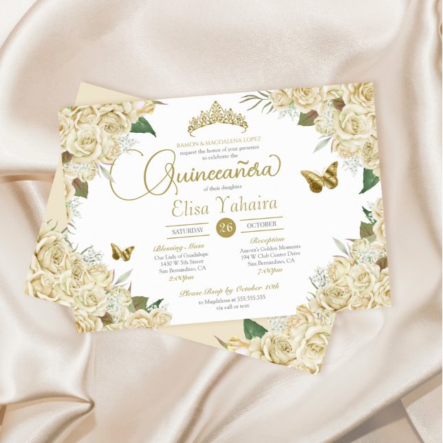 Blommigten Butterfly Quinceanera i Cream White Gul Inbjudningar (Skapare uppladdad)