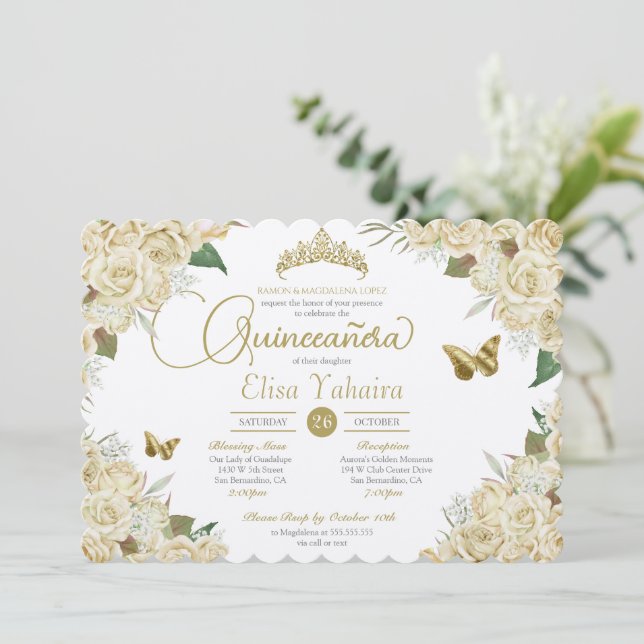 Blommigten Butterfly Quinceanera i Cream White Gul Inbjudningar (Stående Fram)