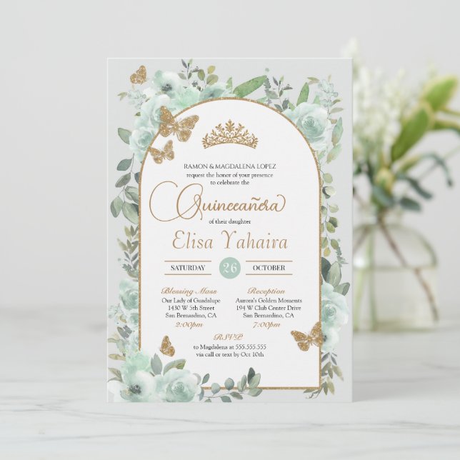 Blommigten Butterfly Quinceañera med vattenfärgsmi Inbjudningar (Stående Fram)